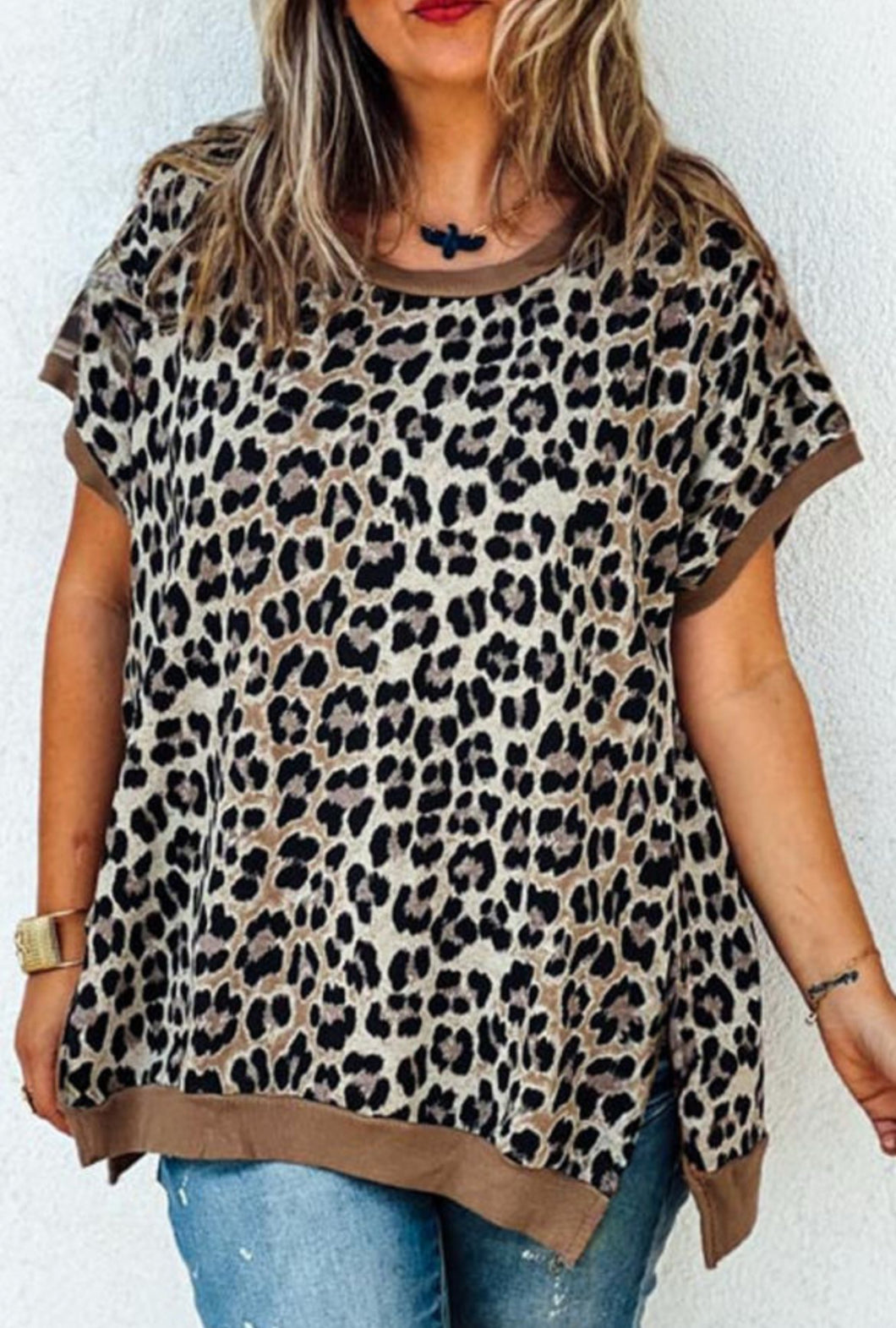 Khaki Leopard Contrast Trim Loose Plus Size Top
