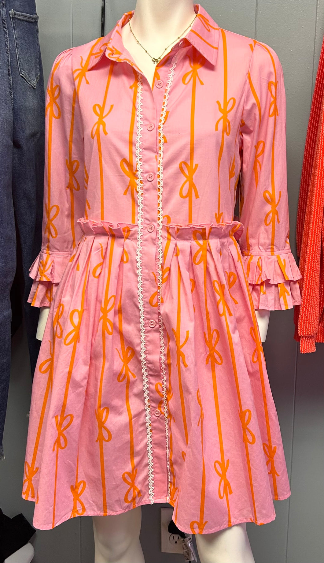 Pink Bowknot Print Ruffled Mini Shirt Dress