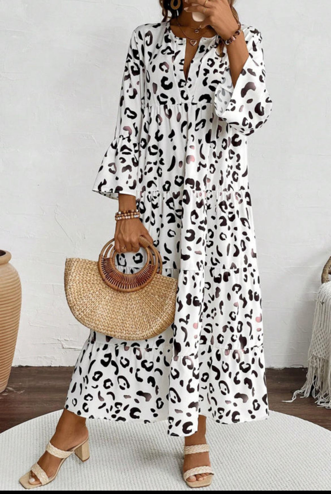 White Leopard Print V Neck Dress