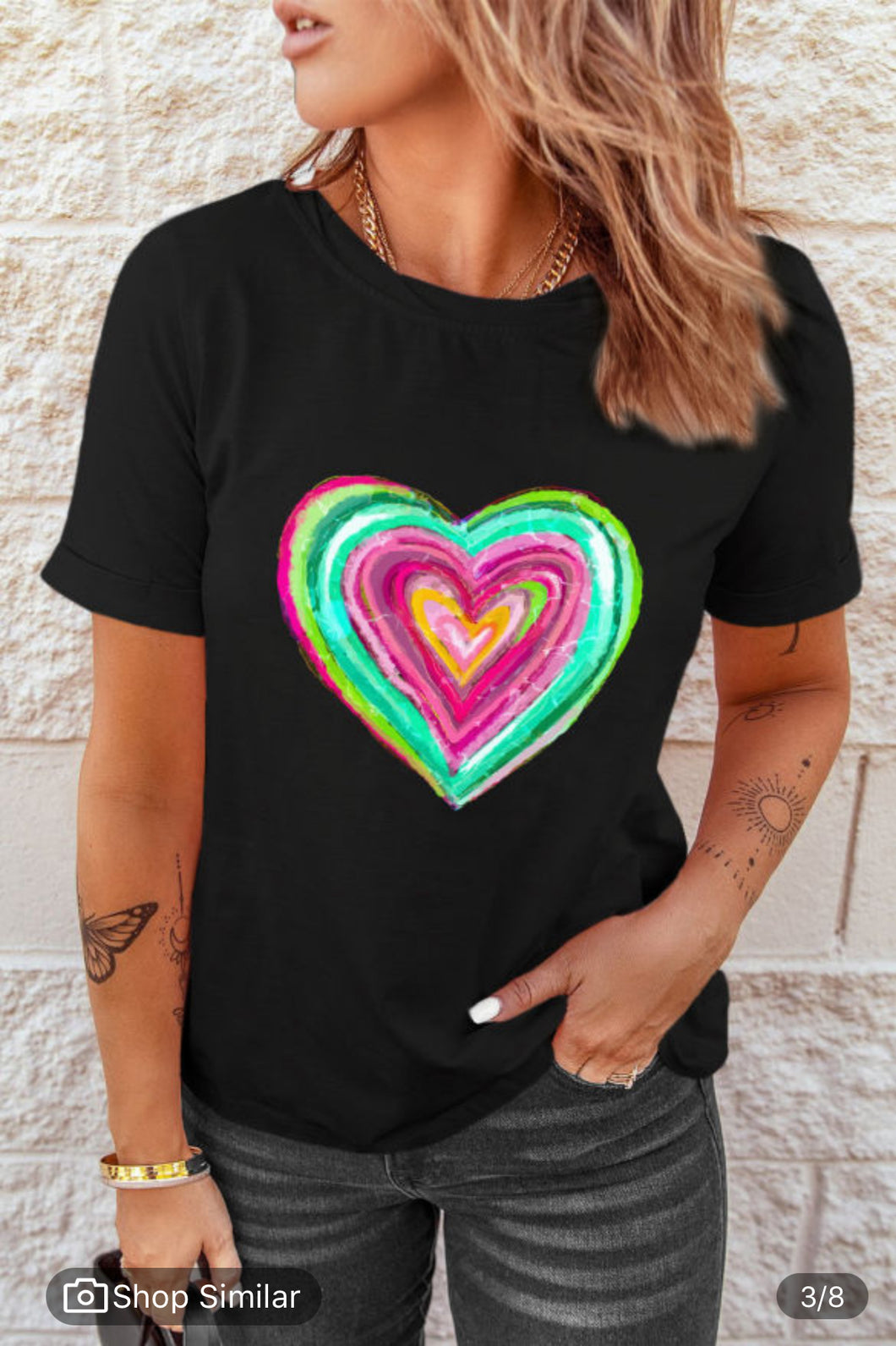 Colorful Heart Print Black Tee