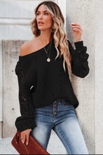 Load image into Gallery viewer, Black Hollow-out Puffy Sleeve Knit Sweater
